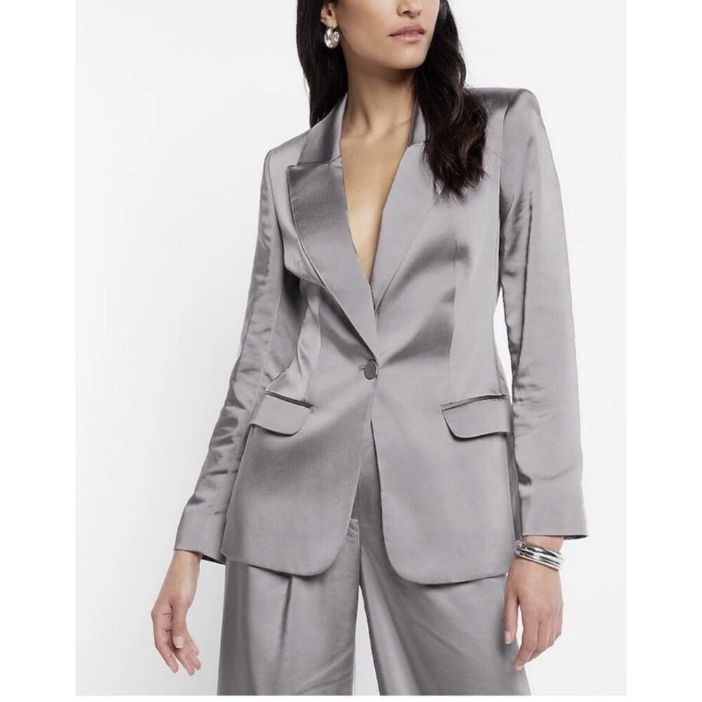 Express NWT Notch Lapel Grey Satin One 1 Button Blazer Jacket Size XSmall XS New